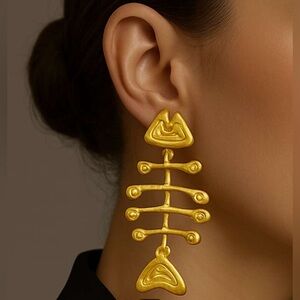 Elegant Gold Statement Earrings Luxury Minimalist Fish Skeleton  Zinc Alloy